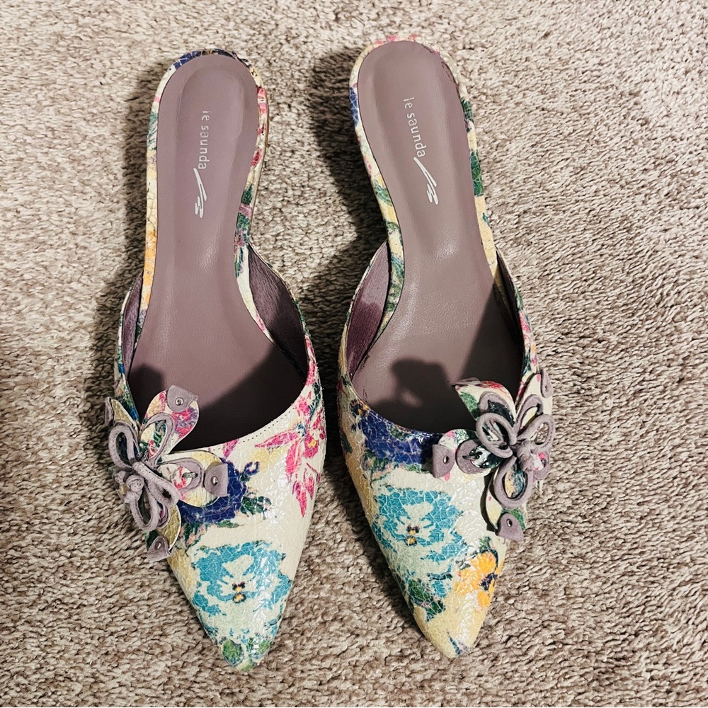 Genuine Leather Floral Sandals Mule Slip on Shoes- Multicolor Size 38
